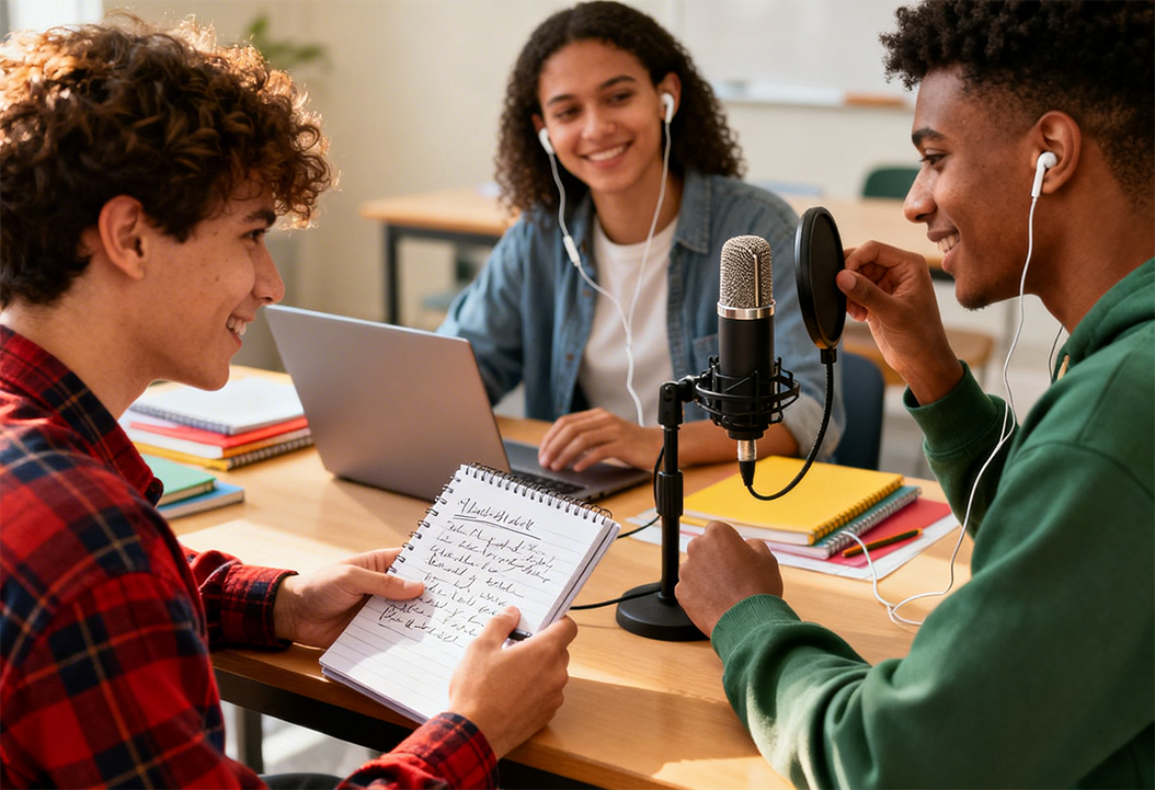 Estudiantes grabando un pódcast