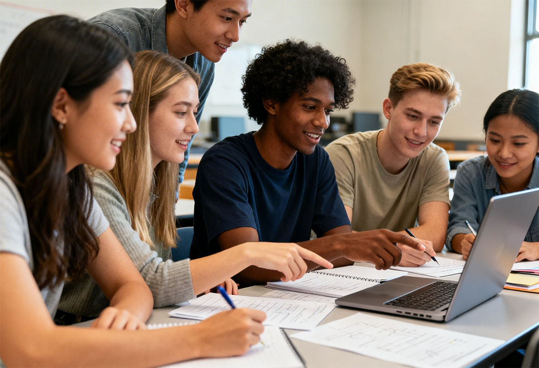 Grupo de jóvenes estudiantes de FP trabajando juntos en un aula